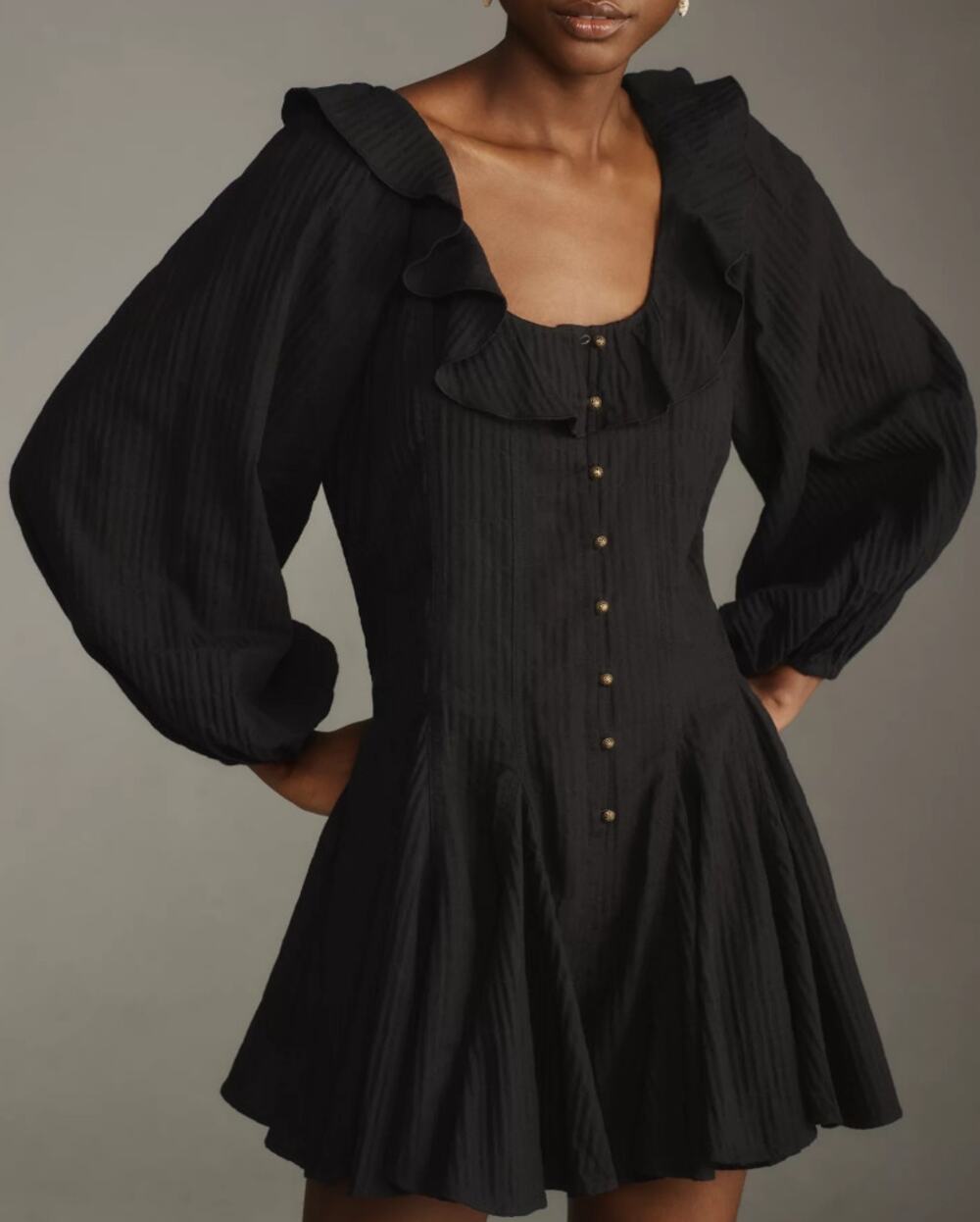 Anthropologie Pilcro Long-Sleeve Ruffled Scoop-Neck Romper in Black